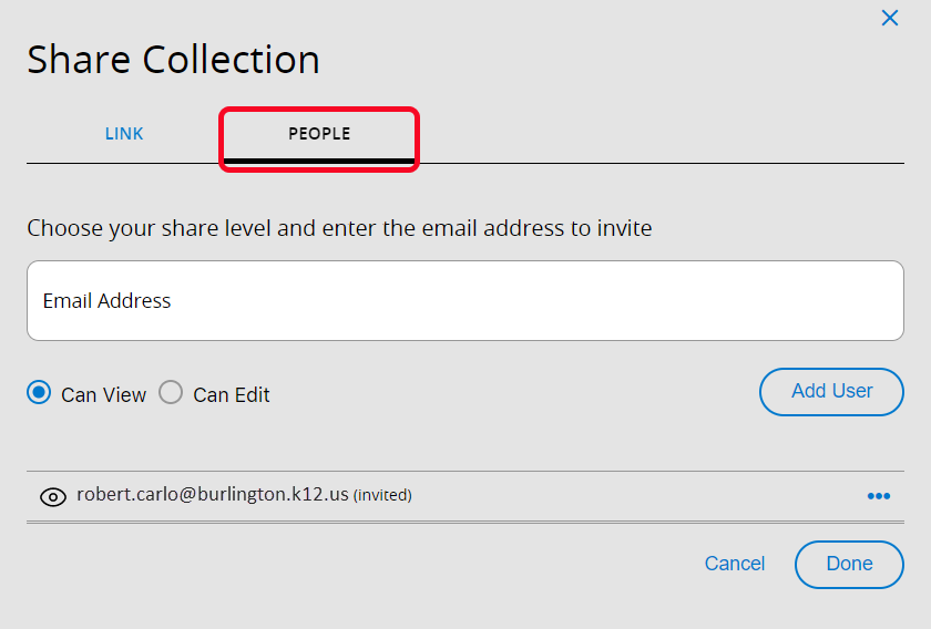 Share Collection pop-up with People tab.