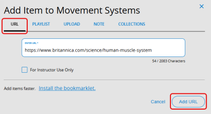 Add Item pop-up with URL tab and Add URL button highlighted.