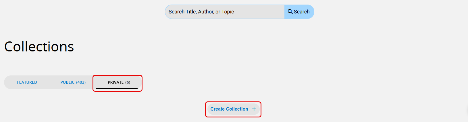 Collections page with Private tab and Create Collection option highlighted.