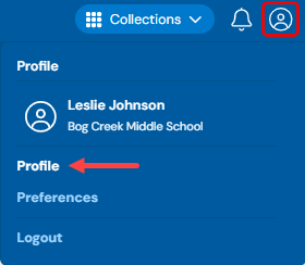 Collections header with the profile icon and profile option highlighted.