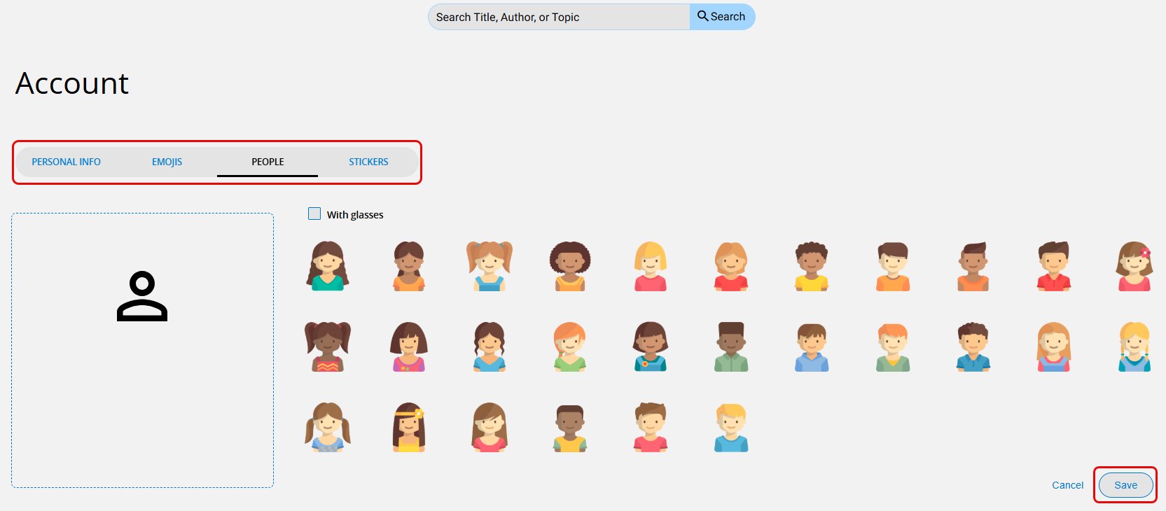 Account page with profile image options and Save button highlighted.