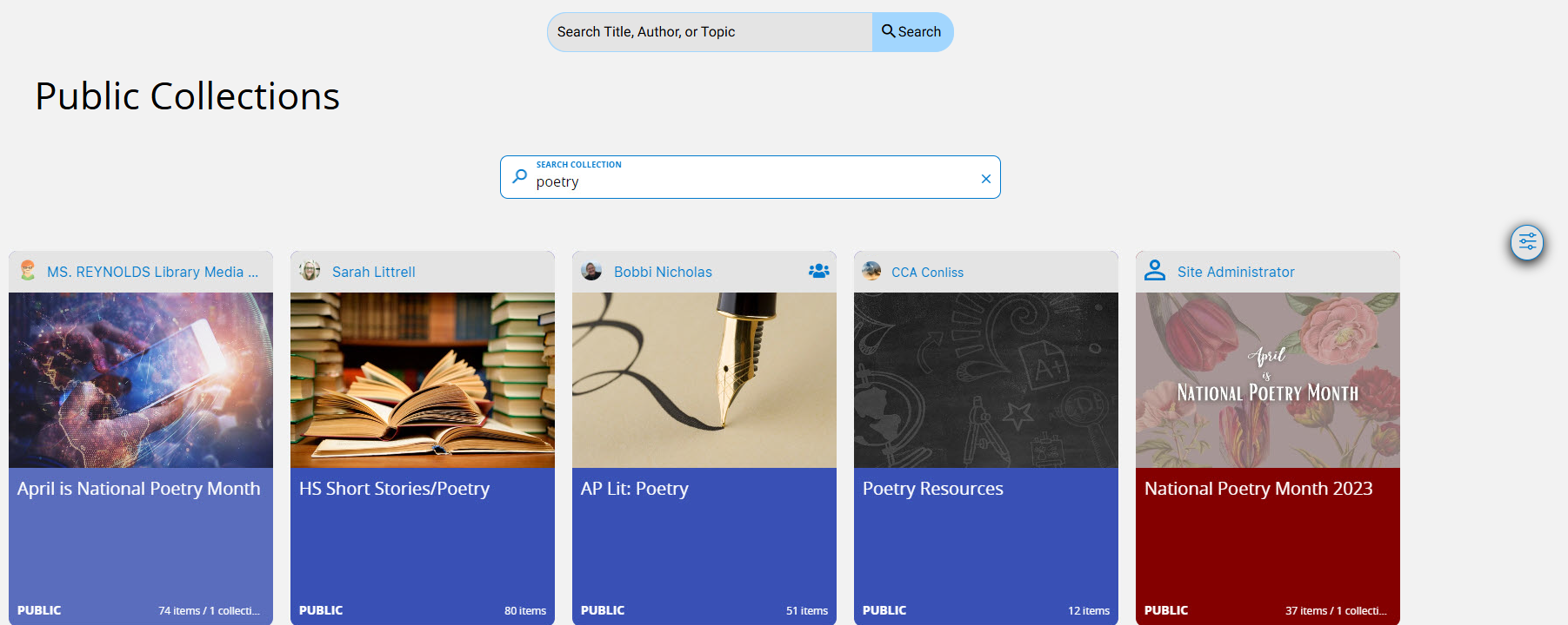 Keyword search on the Public Collections page.