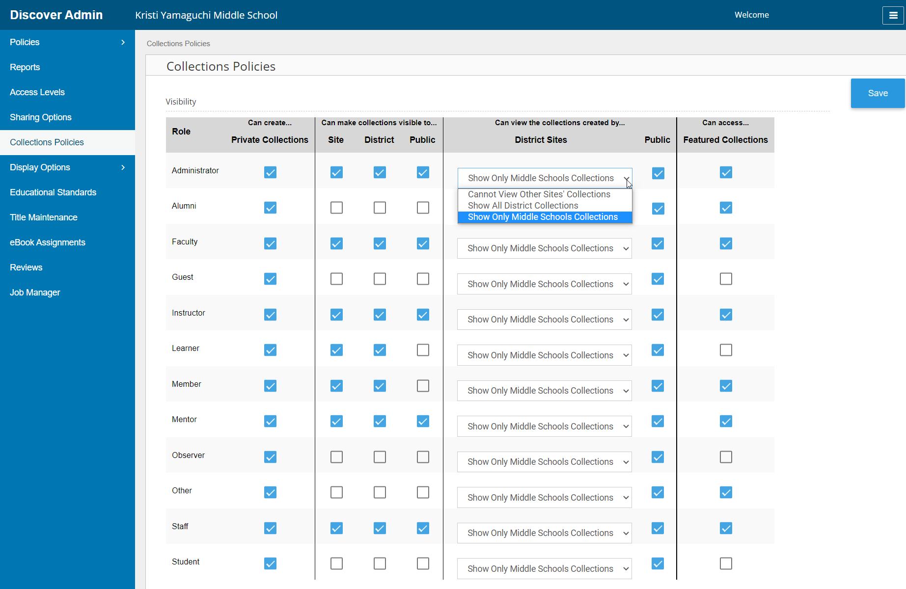 Collections Policies page with visibility options for individual roles.