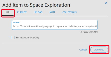 Add Item pop-up with URL tab and Add URL button highlighted.