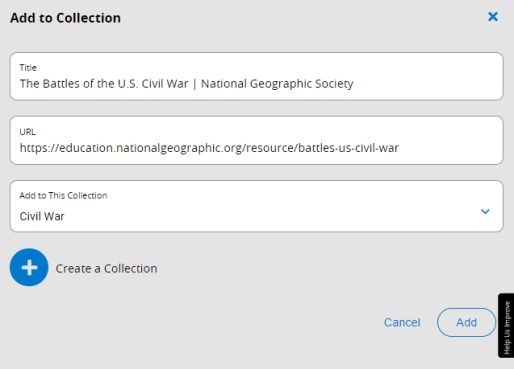 Add to Collection pop-up for webpages.