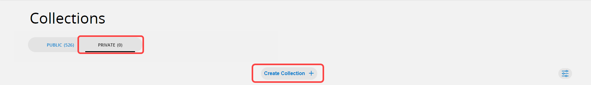Collections page with Private tab and Create Collection option highlighted.