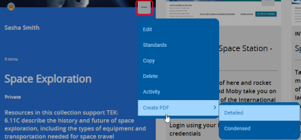 Collection options with Create PDF selected from the menu.