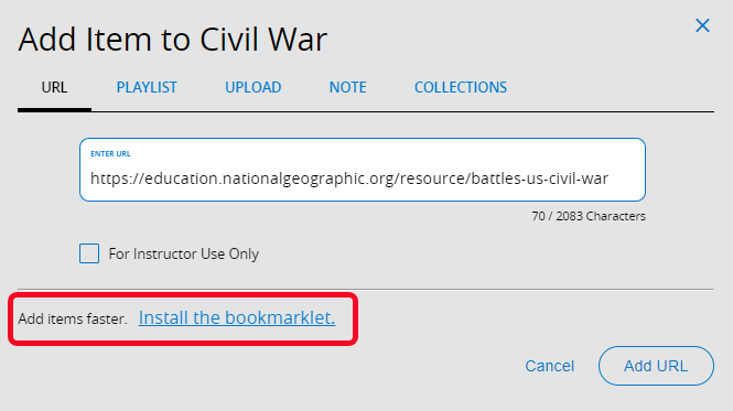 Add Item pop-up with Install the bookmarklet link.
