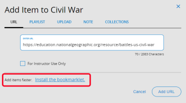 Add Item pop-up with Install the bookmarklet link.