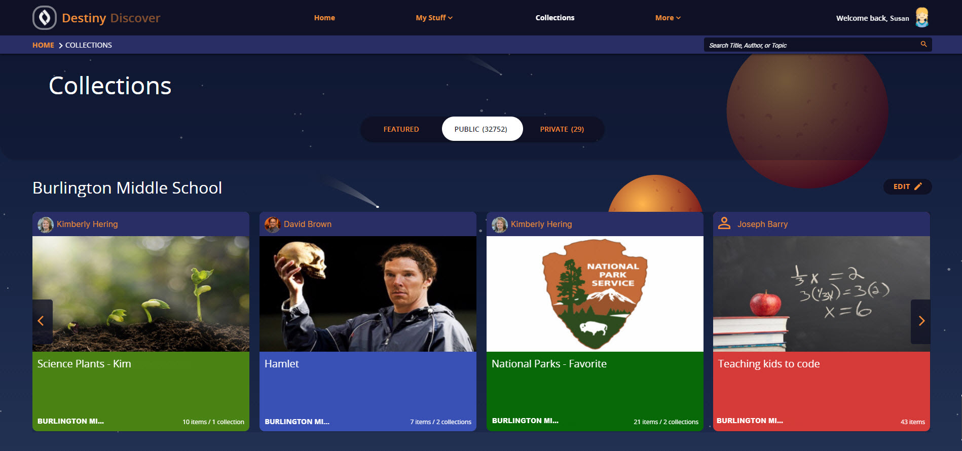 Collections homepage with Space theme.
